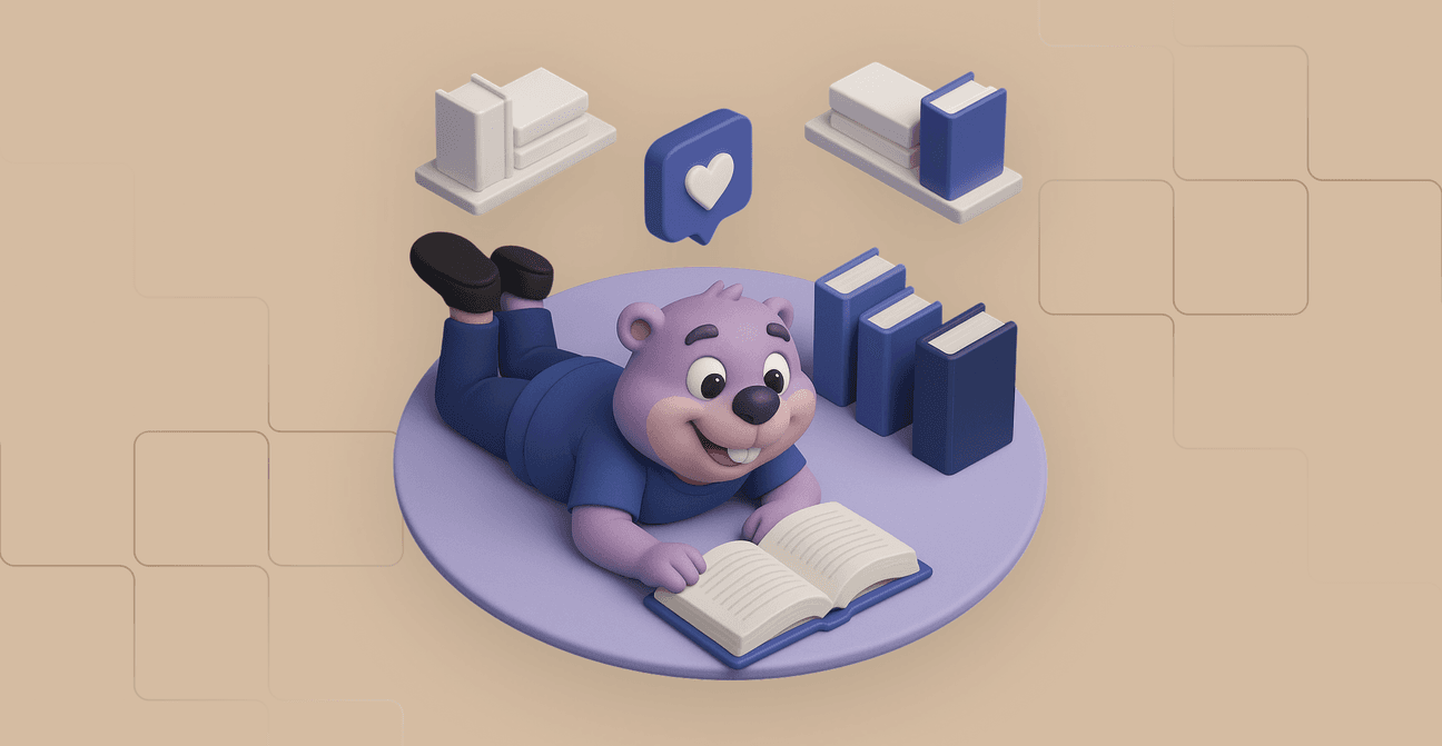 A 3D-rendered illustration of a young, cute purple beaver wearing a blue t-shirt and pants, lying on a round lavender rug while happily reading an open book. Around it are bookshelves, stacked books, and a floating heart icon, creating a cozy study atmosphere.