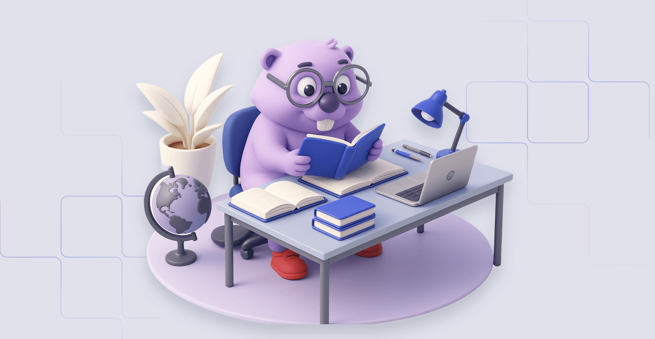 A 3D-rendered purple beaver wearing large round glasses sits at a desk, reading a blue book. The desk is covered with open books, a laptop, and stationery, while a globe and potted plant are placed nearby, all set against a bright background with a window and lamp.
