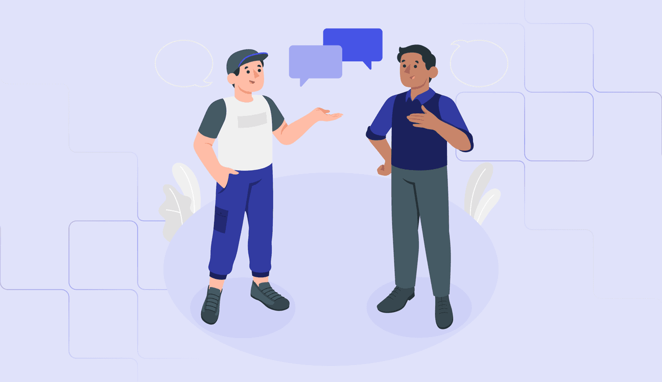 An illustration of two men standing and talking with speech bubbles above them, representing a practice scenario for TEF speaking exercises.