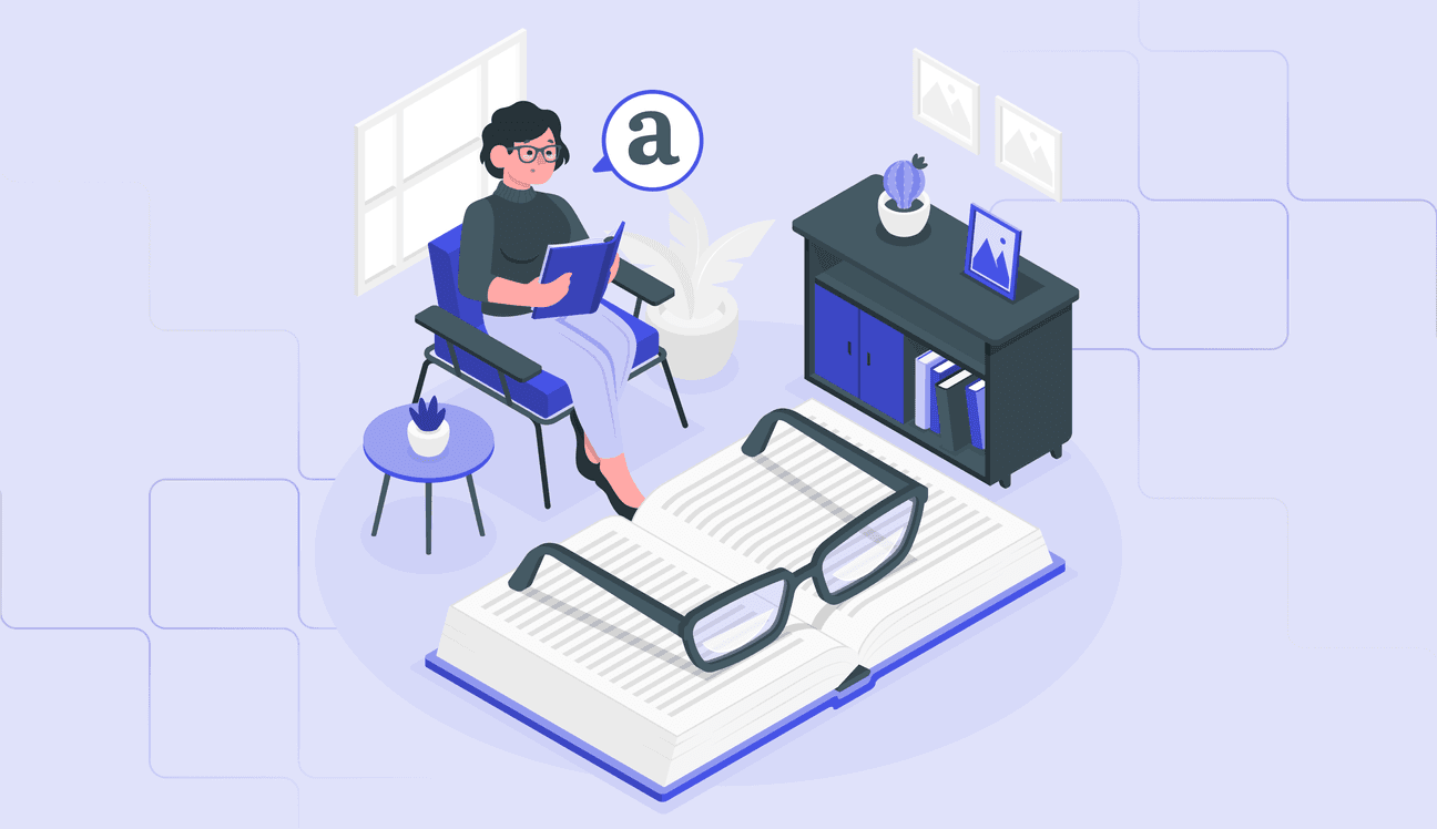 An illustration of a woman sitting in a chair reading a book, with a large open book and eyeglasses in the foreground, symbolizing TEF reading practice.