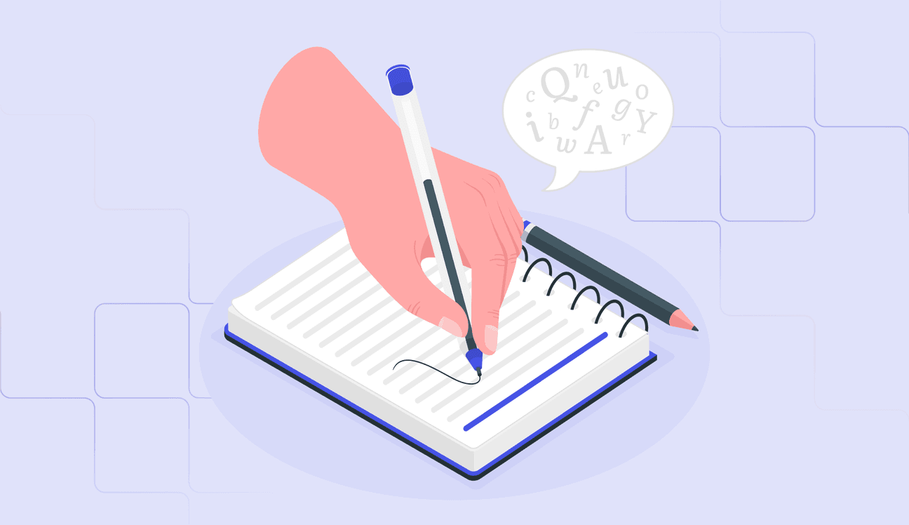 An illustration of a hand writing in a notebook with a pen, accompanied by floating letters in a speech bubble, symbolizing TEF writing practice.