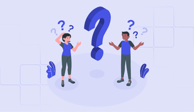 Deux personnes se posent des questions avec plusieurs points d’interrogation autour d’elles, illustration moderne et colorée.