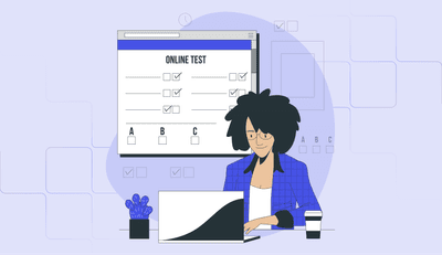 Student taking an online test, sitting at a desk with a laptop. The test screen shows multiple checked answers. A coffee cup and a small plant are placed beside the laptop in a modern, minimalistic setting.