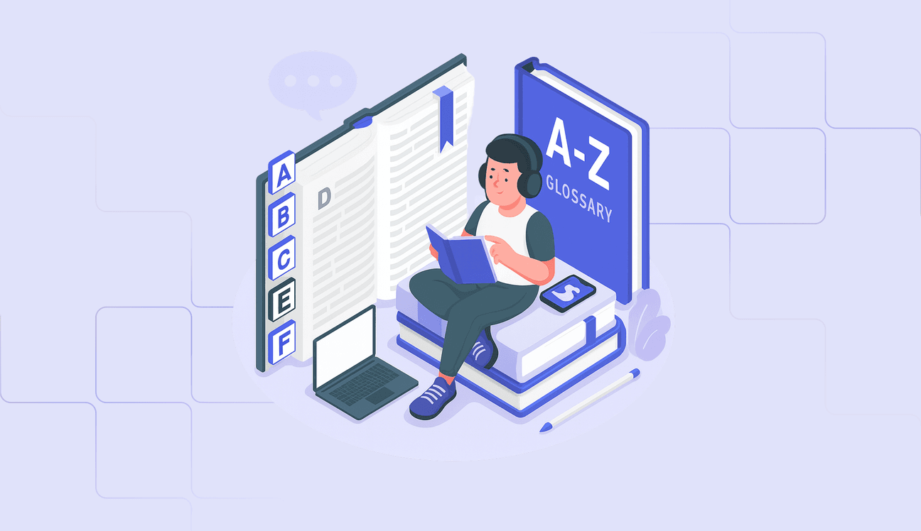 A digital illustration of a young man sitting on stacked books with headphones connected to a smartphone beside him, reading a book next to an open dictionary, representing TEF exam listening and vocabulary practice.