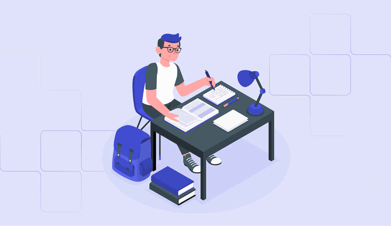 Illustration of a student sitting at a desk, studying with open books and taking notes, with a backpack and lamp nearby.