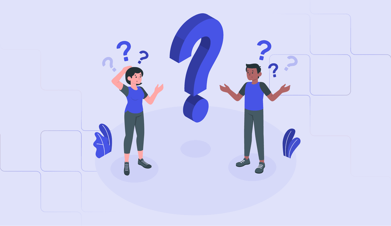 Deux personnes se posent des questions avec plusieurs points d’interrogation autour d’elles, illustration moderne et colorée.