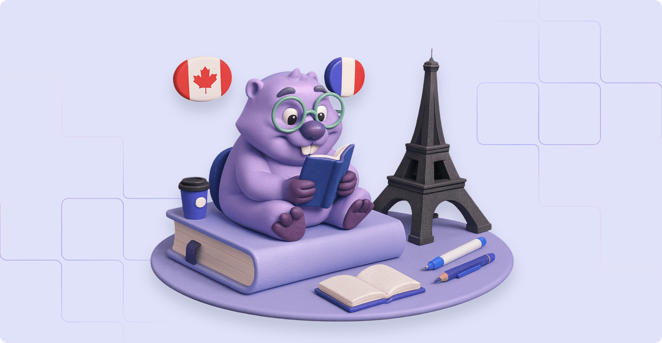 A 3D illustration of a purple beaver with glasses sitting on a book and reading, with the Eiffel Tower, a Canadian flag and french flag, and study items around it, representing French language learning and preparation for the TCF Canada exam.