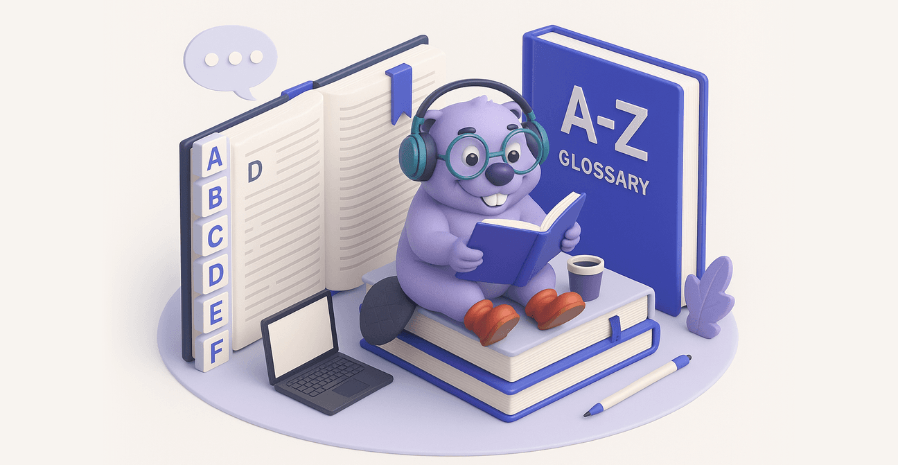 A 3D-rendered purple beaver with glasses and headphones sits on stacked books, reading an open book, surrounded by a giant A-Z glossary, an open dictionary, a laptop, pen, and coffee cup, symbolizing vocabulary study for TEF Canada preparation.