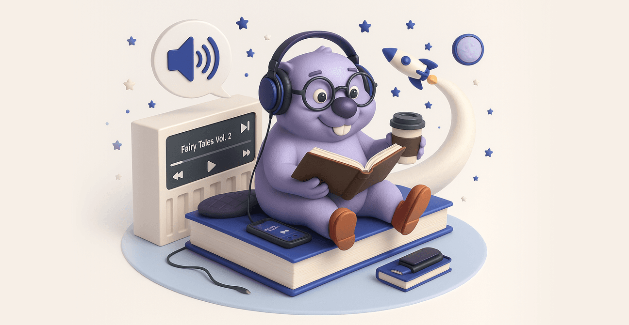 3D-rendered purple beaver with glasses and headphones sits on stacked books, holding an open book and a coffee cup, symbolizing learning and listening for TEFAQ (LTEF Québec) preparation.