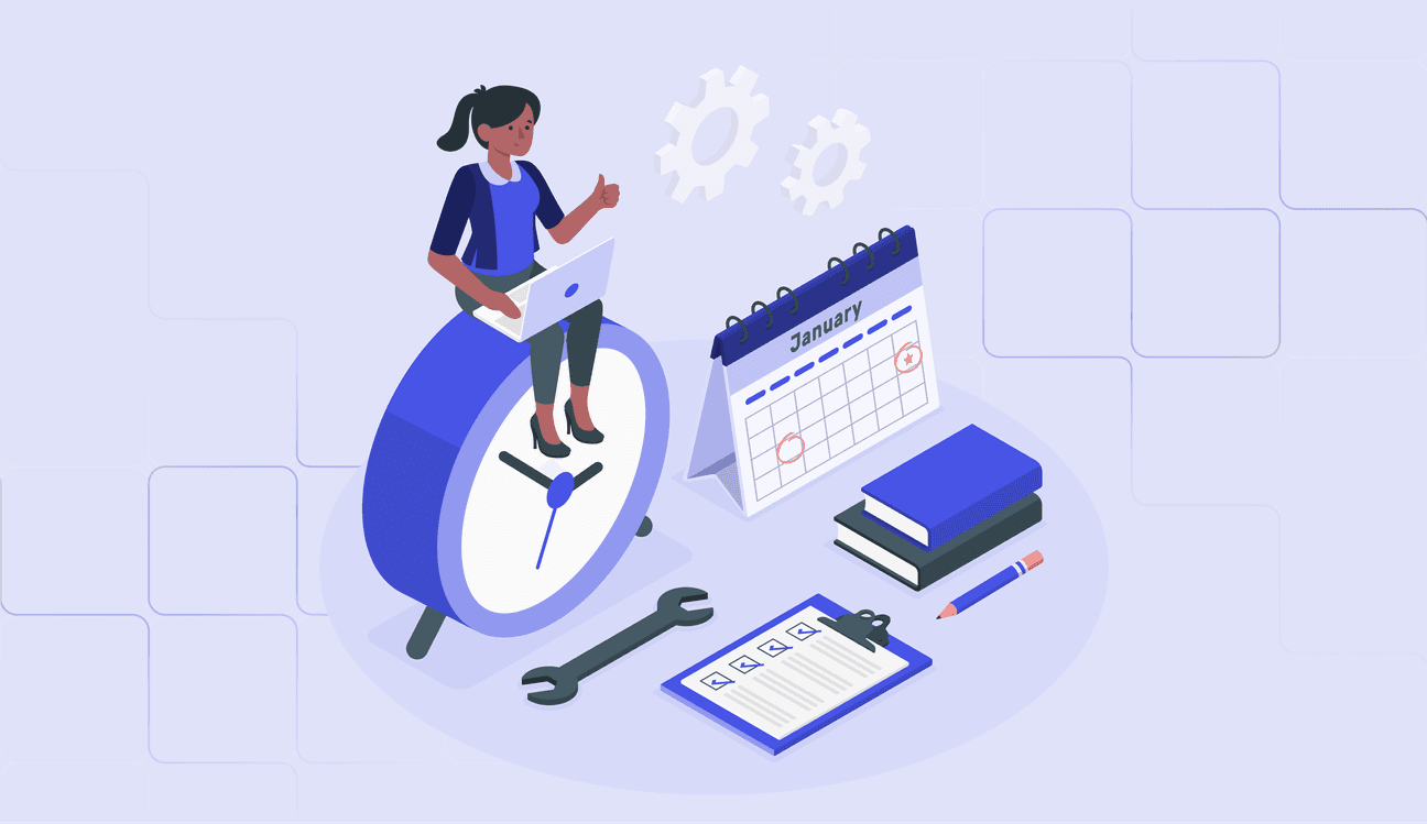 a girl set on a clock and scheduling with calendar and a to do list