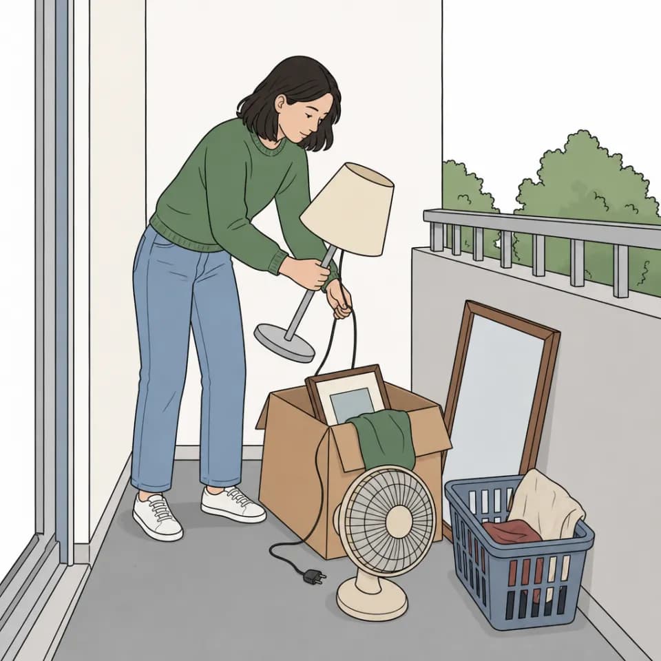Een jonge vrouw staat op een klein balkon. Op de vloer liggen oude spullen, zoals een lamp, een ventilator, een spiegel, een doos en een wasmand. Er is geen plek om te zitten.