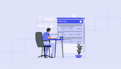 A student practicing for the TEF mock exam at a desk, with a laptop, notebook, and a clock on the table.