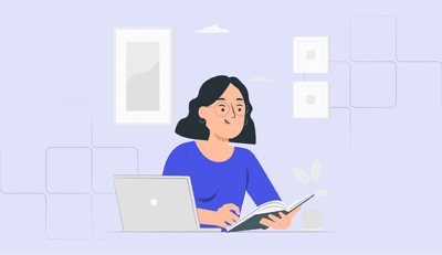 Illustration of a woman with glasses studying at a desk with an open book and a laptop, set against a light purple background with framed pictures and a small plant, symbolizing focused and calm learning.