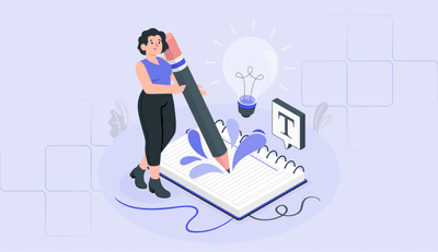 Illustration of a woman holding a giant pencil and writing in an open notebook, with creative elements like ink splashes, a light bulb, and a text icon around her, symbolizing writing and idea generation.