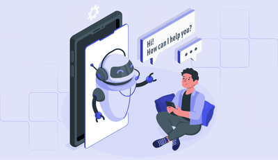 Illustration d’un robot chatbot sortant de l’écran d’un smartphone, interagissant avec un homme assis sur un canapé tenant un téléphone, avec une bulle de dialogue disant «Bonjour! Comment puis-je vous aider?»