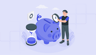 Person saving time by placing a clock into a piggy bank, with an hourglass nearby.