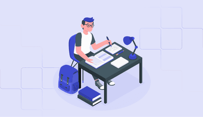 Illustration of a student sitting at a desk, studying with open books and taking notes, with a backpack and lamp nearby.