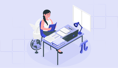 Illustration d’une étudiante assise à un bureau avec des livres, un ordinateur portable et une lampe. Elle lit un cahier, entourée d’objets comme un globe terrestre et le symbole mathématique π.