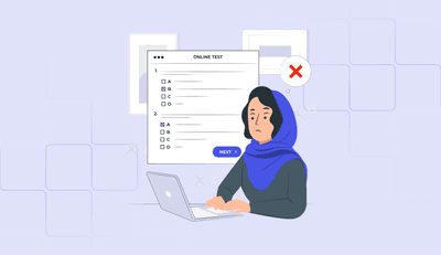 Femme portant un hijab participant à un test en ligne, avec une expression inquiète et une croix rouge indiquant une erreur.