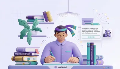 A premium 3D character with a headband studying at a desk with PTE study guides, featuring a soft lavender brand palette and AI-tech design elements.