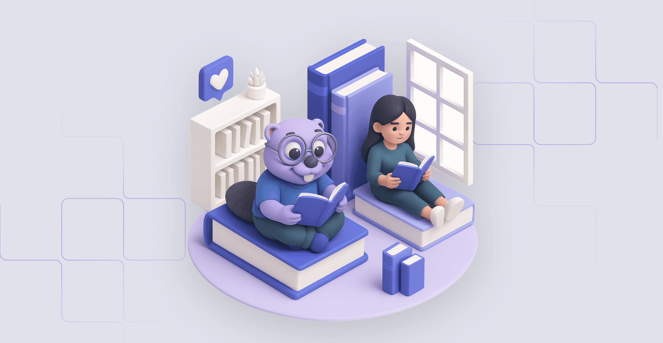 A 3D-rendered illustration of a purple beaver with large glasses sitting cross-legged on a giant book while reading, next to a young woman with long dark hair who is also reading a book as she prepares for an exam. Behind them are oversized stacked books, a white bookshelf, a heart-shaped icon, and a window letting in soft light.