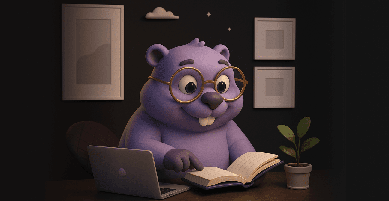A 3D-rendered purple beaver wearing round glasses is sitting at a desk, reading an open book while a laptop and a small potted plant are placed in front of it, with framed wall art and clouds decorating the dark background.