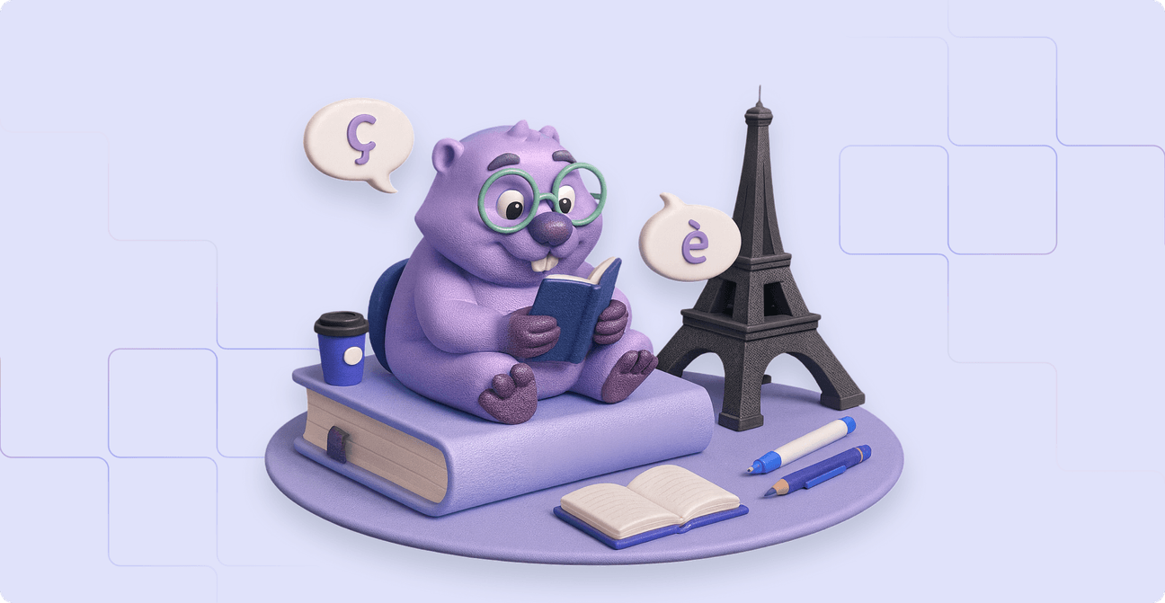A 3D illustration of a purple beaver with glasses reading a book while sitting on a large closed book, next to a miniature Eiffel Tower. The book cover is blank, and two speech bubbles show the letters “ç” and “è.” A coffee cup, open notebook, pen, and pencil are placed nearby, all against a dark starry background.
