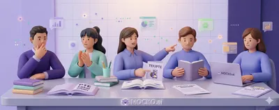 A group of 3D animated students studying for exams around a desk, illustrating a comparison between "PTE" and "TEF" for Canadian immigration with floating "AI" technology icons.